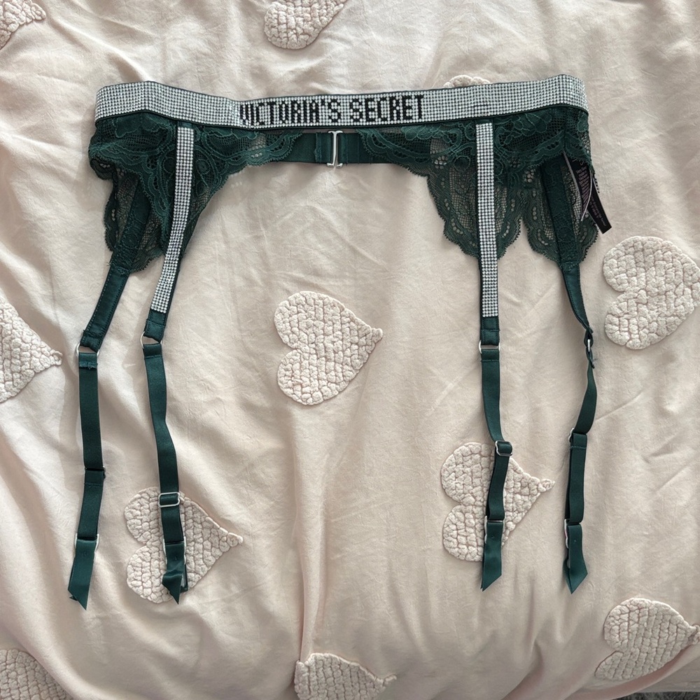 Victoria's Secret Rhinestone Green Lace Garter Belt
